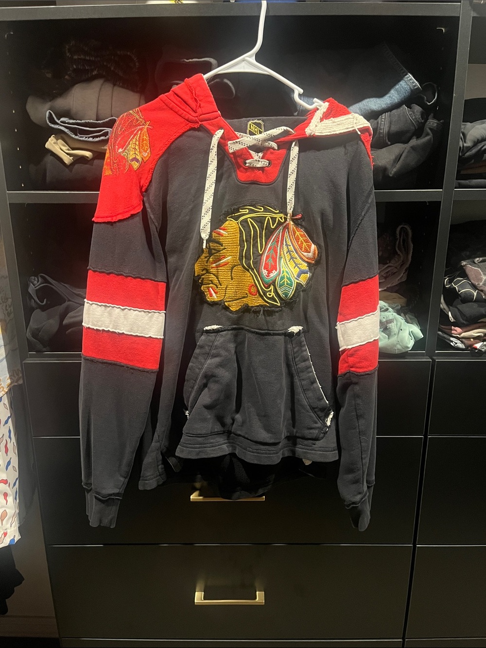 Chicago Blackhawks hoodie

CCM Black and Red Hockey Pullover with Embroidered